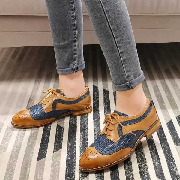 Mona flying Leather Flat Oxfords for Women Lace up Brogue Wingtips for Ladies