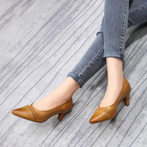 Mona flying Leather Mid Kitten Pumps Elegant Women Slip On Classic Comfortable Elegant Handmade Work Shoes