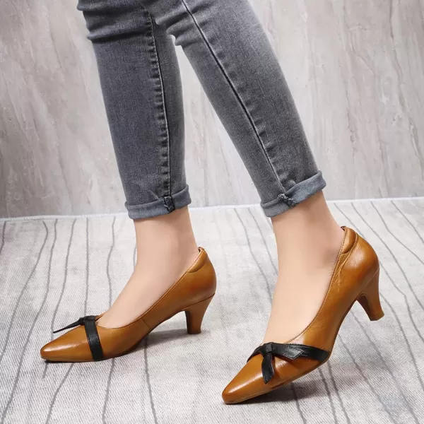 Mona flying Leather Retro Pointed Toe Pumps Women Kitten Heels Dressy Casual Shoes