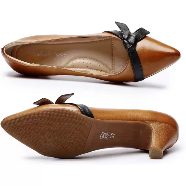 Mona flying Leather Retro Pointed Toe Pumps Women Kitten Heels Dressy Casual Shoes