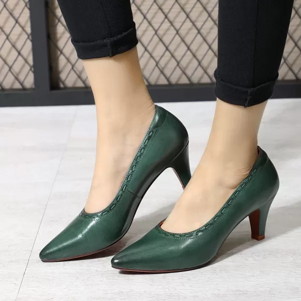 Mona flying Leather Retro Pointed Toe Pumps Women Kitten Heels Dressy Casual Shoes