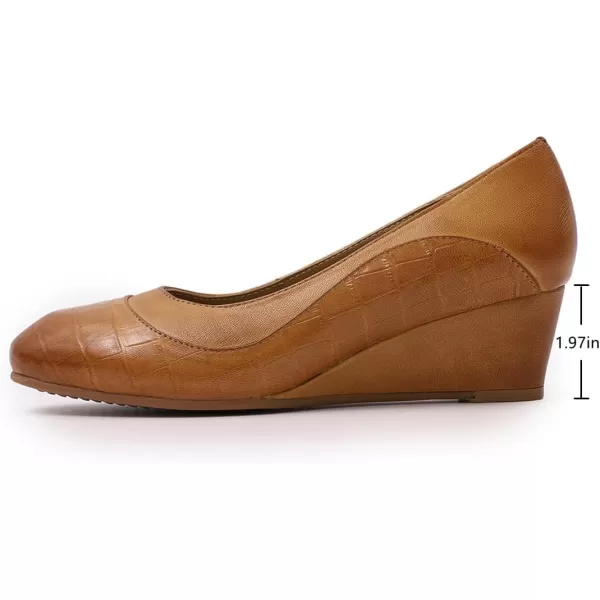 Mona flying Women's Leather Closed Toe 2 Inch Mid Wedges Heels with Arch Support Round Toe Comfortable Dress Pumps for Women Ladies