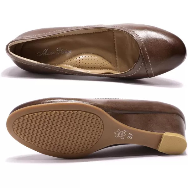 Mona flying Women's Leather Closed Toe 2 Inch Mid Wedges Heels with Arch Support Round Toe Comfortable Dress Pumps for Women Ladies