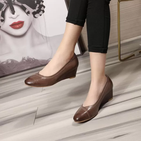 Mona flying Women's Leather Closed Toe 2 Inch Mid Wedges Heels with Arch Support Round Toe Comfortable Dress Pumps for Women Ladies
