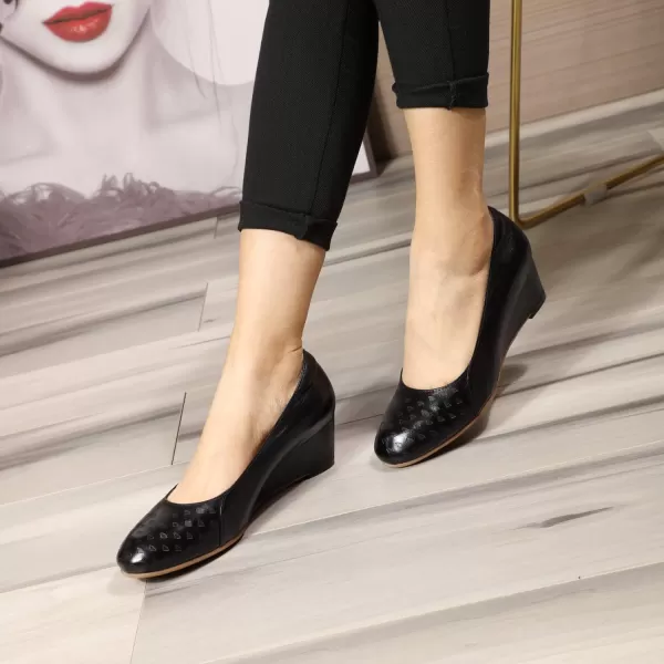 Mona flying Women's Leather Closed Toe 2 Inch Mid Wedges Heels with Arch Support Round Toe Comfortable Dress Pumps for Women Ladies