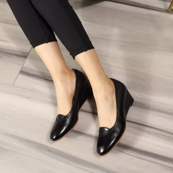 Mona flying Women's Leather Closed Toe 2 Inch Mid Wedges Heels with Arch Support Round Toe Comfortable Dress Pumps for Women Ladies
