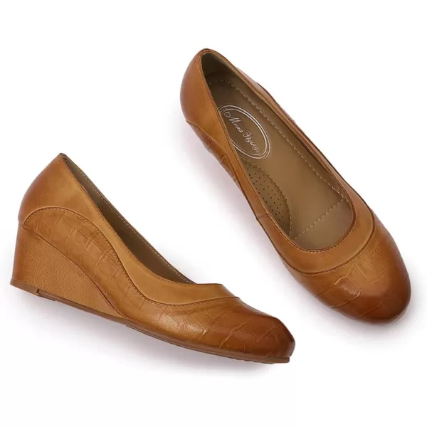 Mona flying Women's Leather Closed Toe 2 Inch Mid Wedges Heels with Arch Support Round Toe Comfortable Dress Pumps for Women Ladies
