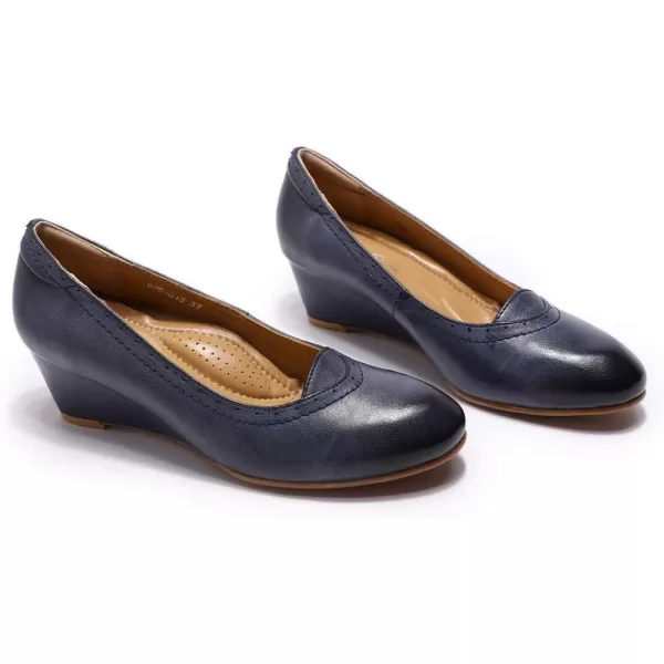 Mona flying Women's Leather Closed Toe 2 Inch Mid Wedges Heels with Arch Support Round Toe Comfortable Dress Pumps for Women Ladies