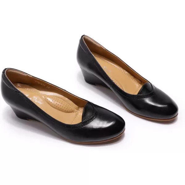 Mona flying Women's Leather Closed Toe 2 Inch Mid Wedges Heels with Arch Support Round Toe Comfortable Dress Pumps for Women Ladies