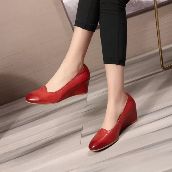 Mona flying Women's Leather Closed Toe 2 Inch Mid Wedges Heels with Arch Support Round Toe Comfortable Dress Pumps for Women Ladies