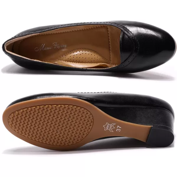 Mona flying Women's Leather Closed Toe 2 Inch Mid Wedges Heels with Arch Support Round Toe Comfortable Dress Pumps for Women Ladies