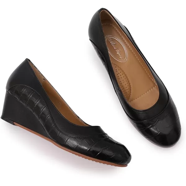 Mona flying Women's Leather Closed Toe 2 Inch Mid Wedges Heels with Arch Support Round Toe Comfortable Dress Pumps for Women Ladies