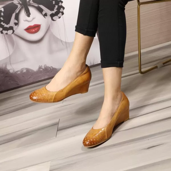 Mona flying Women's Leather Closed Toe 2 Inch Mid Wedges Heels with Arch Support Round Toe Comfortable Dress Pumps for Women Ladies