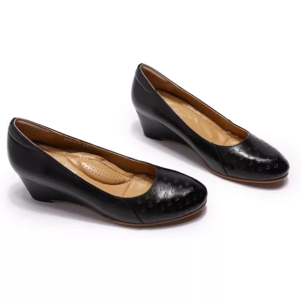 Mona flying Women's Leather Closed Toe 2 Inch Mid Wedges Heels with Arch Support Round Toe Comfortable Dress Pumps for Women Ladies
