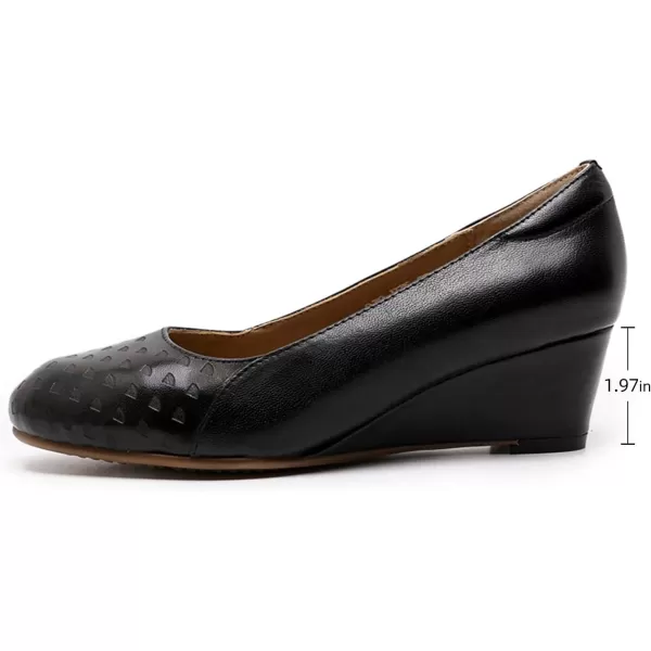 Mona flying Women's Leather Closed Toe 2 Inch Mid Wedges Heels with Arch Support Round Toe Comfortable Dress Pumps for Women Ladies