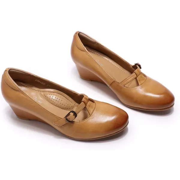 Mona flying Women's Leather Closed Toe Mary Jane Wedge Pumps Round Toe Mid Heel Dress Shoes for Women Ladies