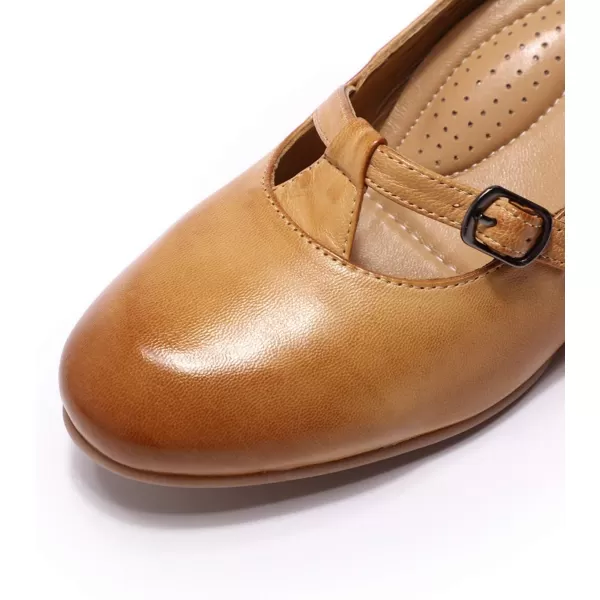 Mona flying Women's Leather Closed Toe Mary Jane Wedge Pumps Round Toe Mid Heel Dress Shoes for Women Ladies