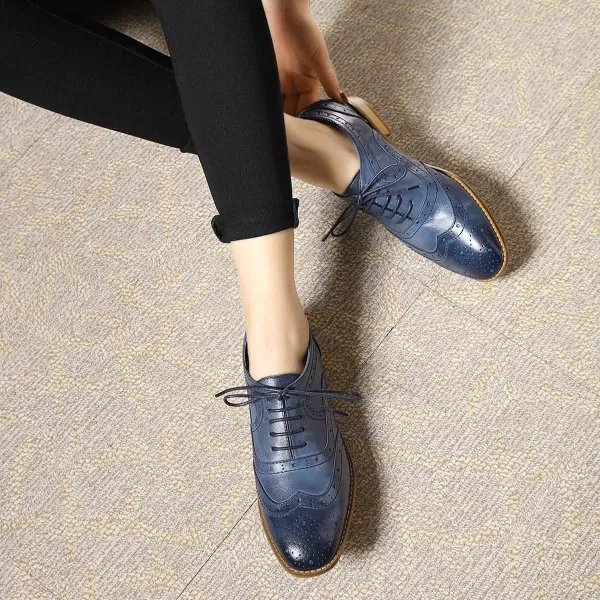 Mona flying Women's Leather Perforated Lace-up Oxfords Brogue Wingtip Derby Shoes for Ladies
