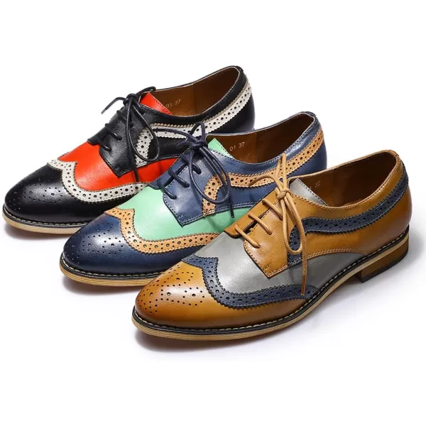 Mona flying Women's Leather Perforated Lace-up Oxfords Brogue Wingtip Derby Shoes for Ladies Women