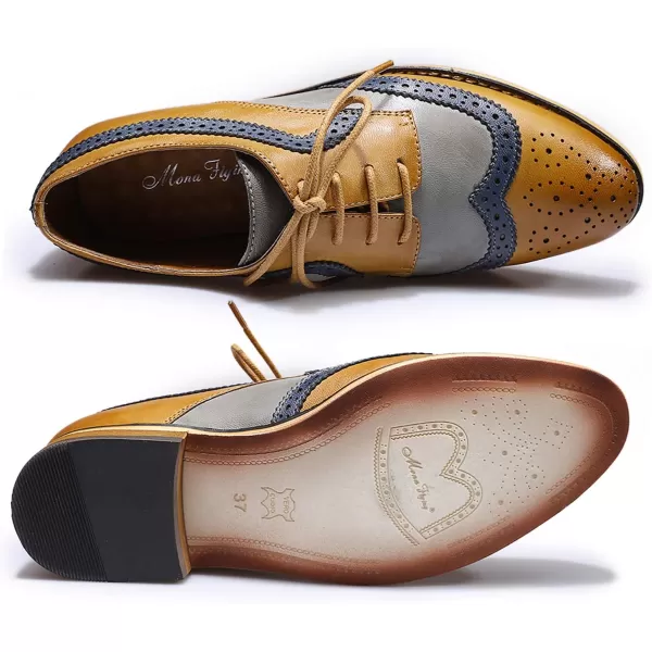Mona flying Women's Leather Perforated Lace-up Oxfords Brogue Wingtip Derby Shoes for Ladies Women