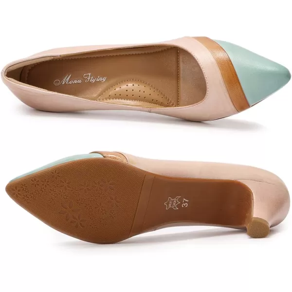 Mona flying Women's Leather Pump Med Heel Pointed Toe Office Dress Shoes for Ladies