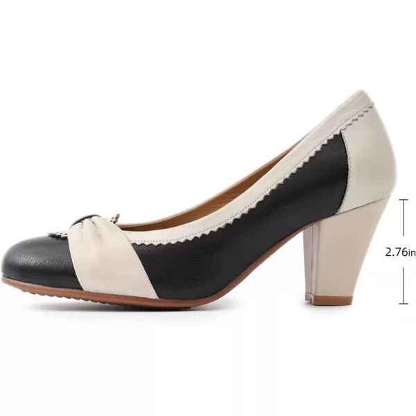 Mona flying Women's Leather Pump Med Heel Pointed Toe Office Dress Shoes for Ladies