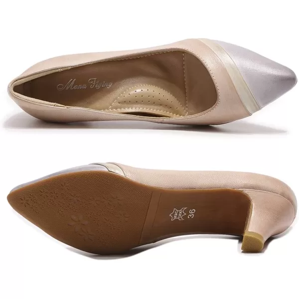 Mona flying Women's Leather Pump Med Heel Pointed Toe Office Dress Shoes for Ladies