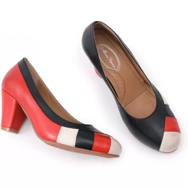 Mona flying Women's Leather Pump Med Heel Pointed Toe Office Dress Shoes for Ladies