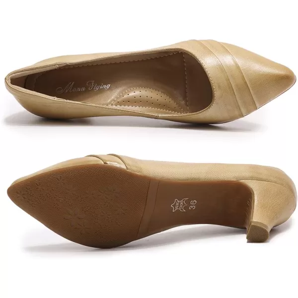Mona flying Women's Leather Pump Med Heel Pointed Toe Office Dress Shoes for Ladies