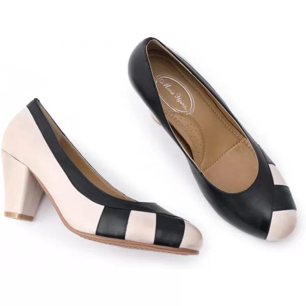 Mona flying Women's Leather Pump Med Heel Pointed Toe Office Dress Shoes for Ladies