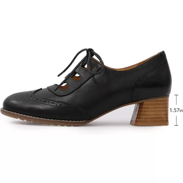 Mona flying Women's Wingtip Oxfords Chunky Heel Lace up Dress Pumps Perforated Round Toe 4cm Mid Heel Leather Shoes for Ladies