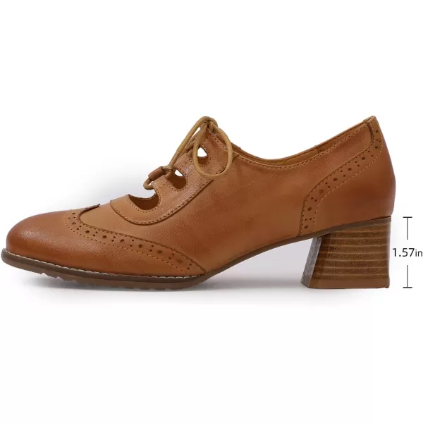 Mona flying Women's Wingtip Oxfords Chunky Heel Lace up Dress Pumps Perforated Round Toe 4cm Mid Heel Leather Shoes for Ladies
