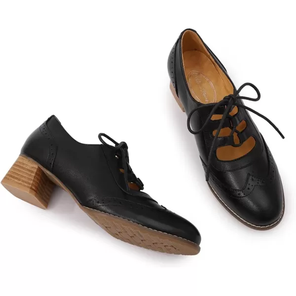 Mona flying Women's Wingtip Oxfords Chunky Heel Lace up Dress Pumps Perforated Round Toe 4cm Mid Heel Leather Shoes for Ladies