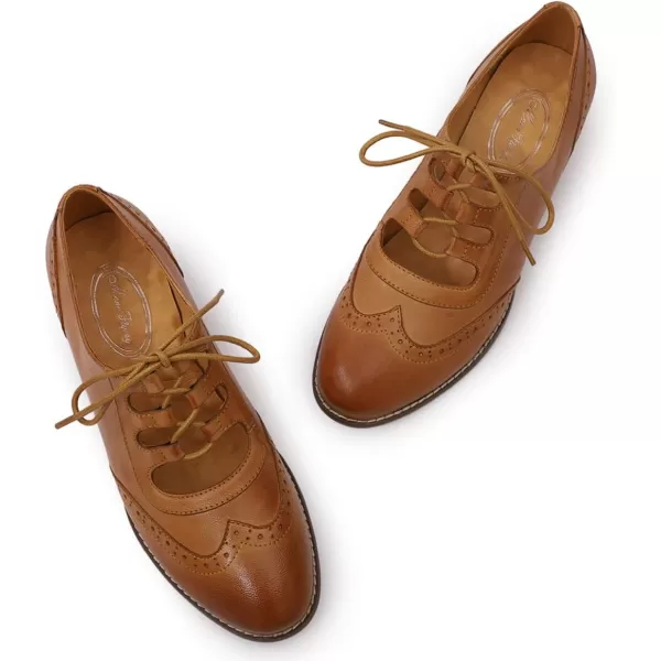Mona flying Women's Wingtip Oxfords Chunky Heel Lace up Dress Pumps Perforated Round Toe 4cm Mid Heel Leather Shoes for Ladies