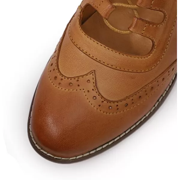 Mona flying Women's Wingtip Oxfords Chunky Heel Lace up Dress Pumps Perforated Round Toe 4cm Mid Heel Leather Shoes for Ladies