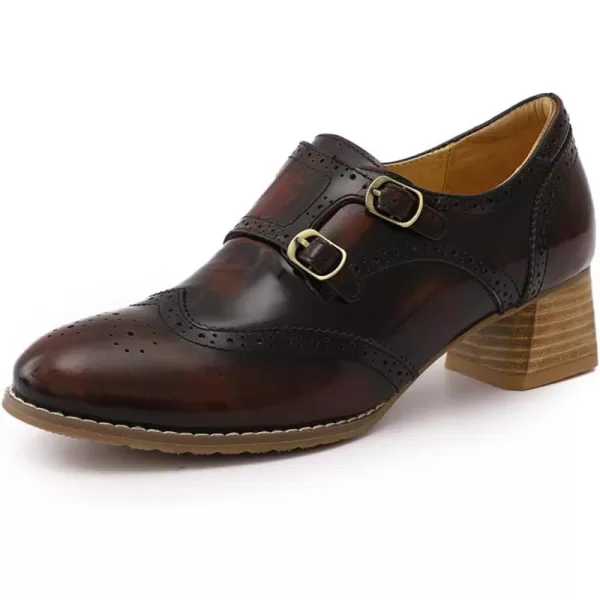 Mona flying Womens Leather Chunky Heel Monk Strap Oxfords Wingtip Ladies Mid Heel Dress Loafers Pumps Shoes with Buckle