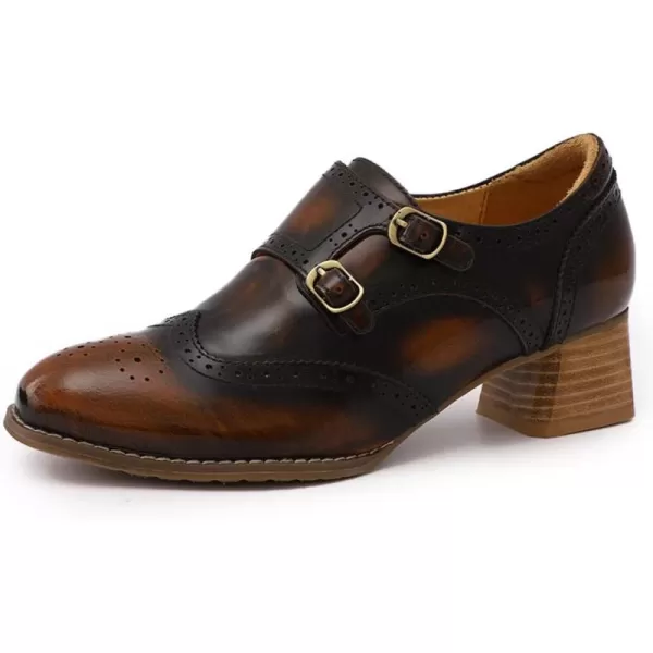 Mona flying Womens Leather Chunky Heel Monk Strap Oxfords Wingtip Ladies Mid Heel Dress Loafers Pumps Shoes with Buckle