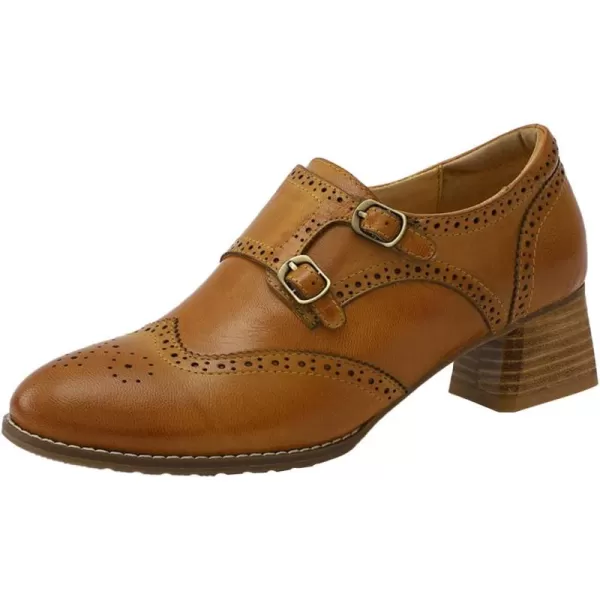Mona flying Womens Leather Chunky Heel Monk Strap Oxfords Wingtip Ladies Mid Heel Dress Loafers Pumps Shoes with Buckle