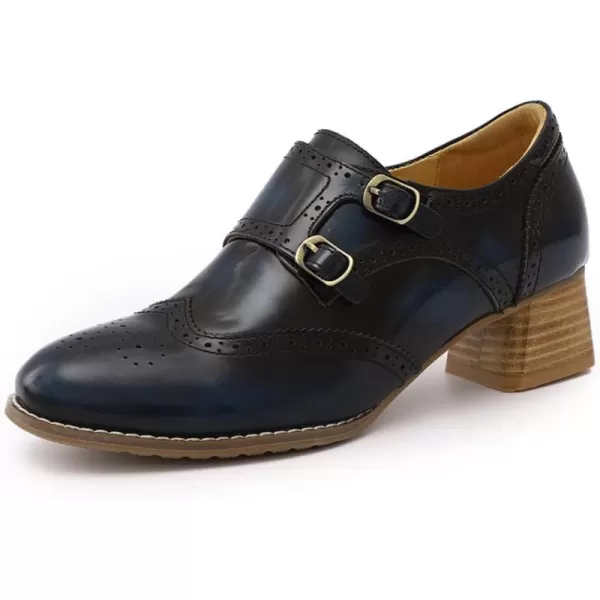 Mona flying Womens Leather Chunky Heel Monk Strap Oxfords Wingtip Ladies Mid Heel Dress Loafers Pumps Shoes with Buckle