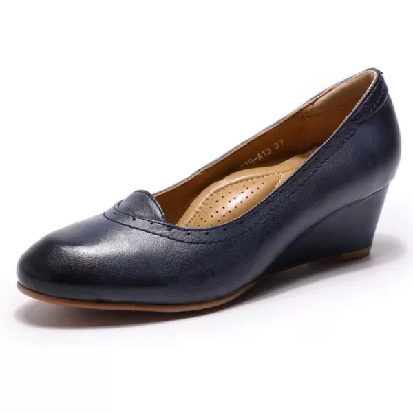 Mona flying Women's Leather Closed Toe 2 Inch Mid Wedges Heels with Arch Support Round Toe Comfortable Dress Pumps for Women Ladies