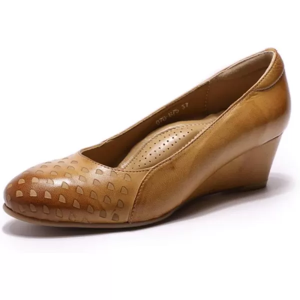 Mona flying Women's Leather Closed Toe 2 Inch Mid Wedges Heels with Arch Support Round Toe Comfortable Dress Pumps for Women Ladies