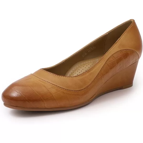 Mona flying Women's Leather Closed Toe 2 Inch Mid Wedges Heels with Arch Support Round Toe Comfortable Dress Pumps for Women Ladies