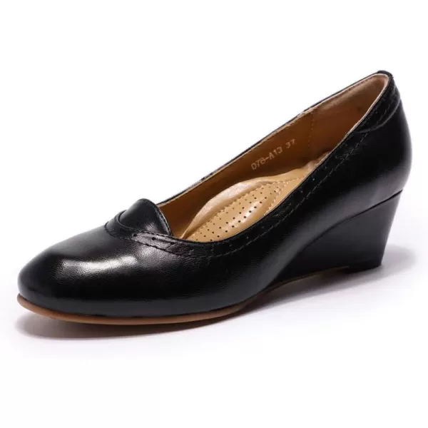 Mona flying Women's Leather Closed Toe 2 Inch Mid Wedges Heels with Arch Support Round Toe Comfortable Dress Pumps for Women Ladies