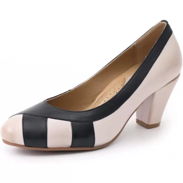 Mona flying Women's Leather Pump Med Heel Pointed Toe Office Dress Shoes for Ladies