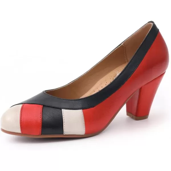Mona flying Women's Leather Pump Med Heel Pointed Toe Office Dress Shoes for Ladies