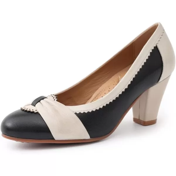 Mona flying Women's Leather Pump Med Heel Pointed Toe Office Dress Shoes for Ladies