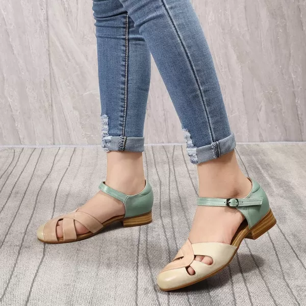 Mona flying Women Leather Tatianna Dress Sandals Closed Toe Low Heels Strappy Flats Summer Casual Shoes