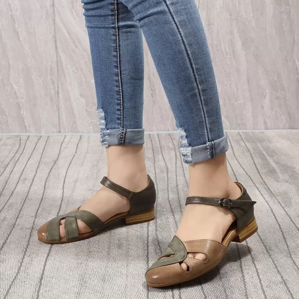 Mona flying Women Leather Tatianna Dress Sandals Closed Toe Low Heels Strappy Flats Summer Casual Shoes