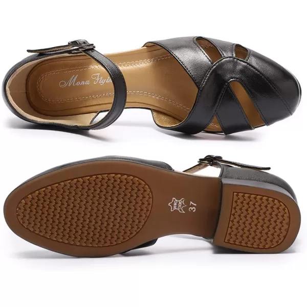 Mona flying Women Leather Tatianna Dress Sandals Closed Toe Low Heels Strappy Flats Summer Casual Shoes