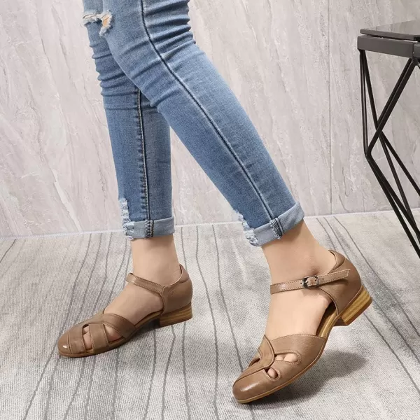 Mona flying Women Leather Tatianna Dress Sandals Closed Toe Low Heels Strappy Flats Summer Casual Shoes
